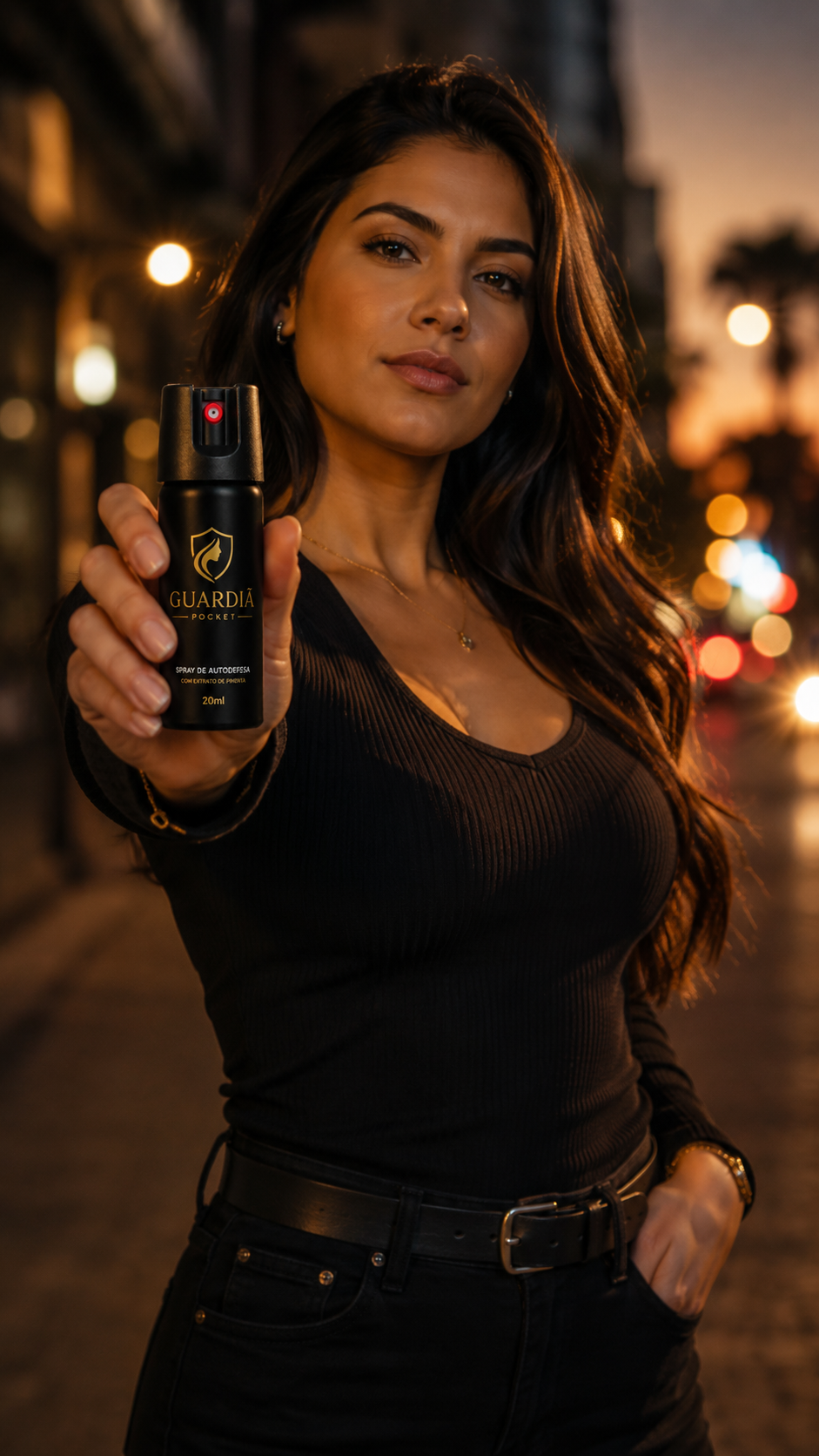 Mulher segurando o Guardiã Pocket em uma rua ao entardecer