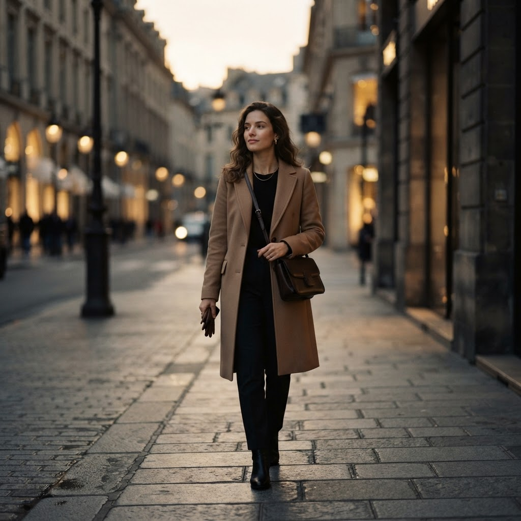 Mulher caminhando com liberdade e confiança pela cidade ao entardecer