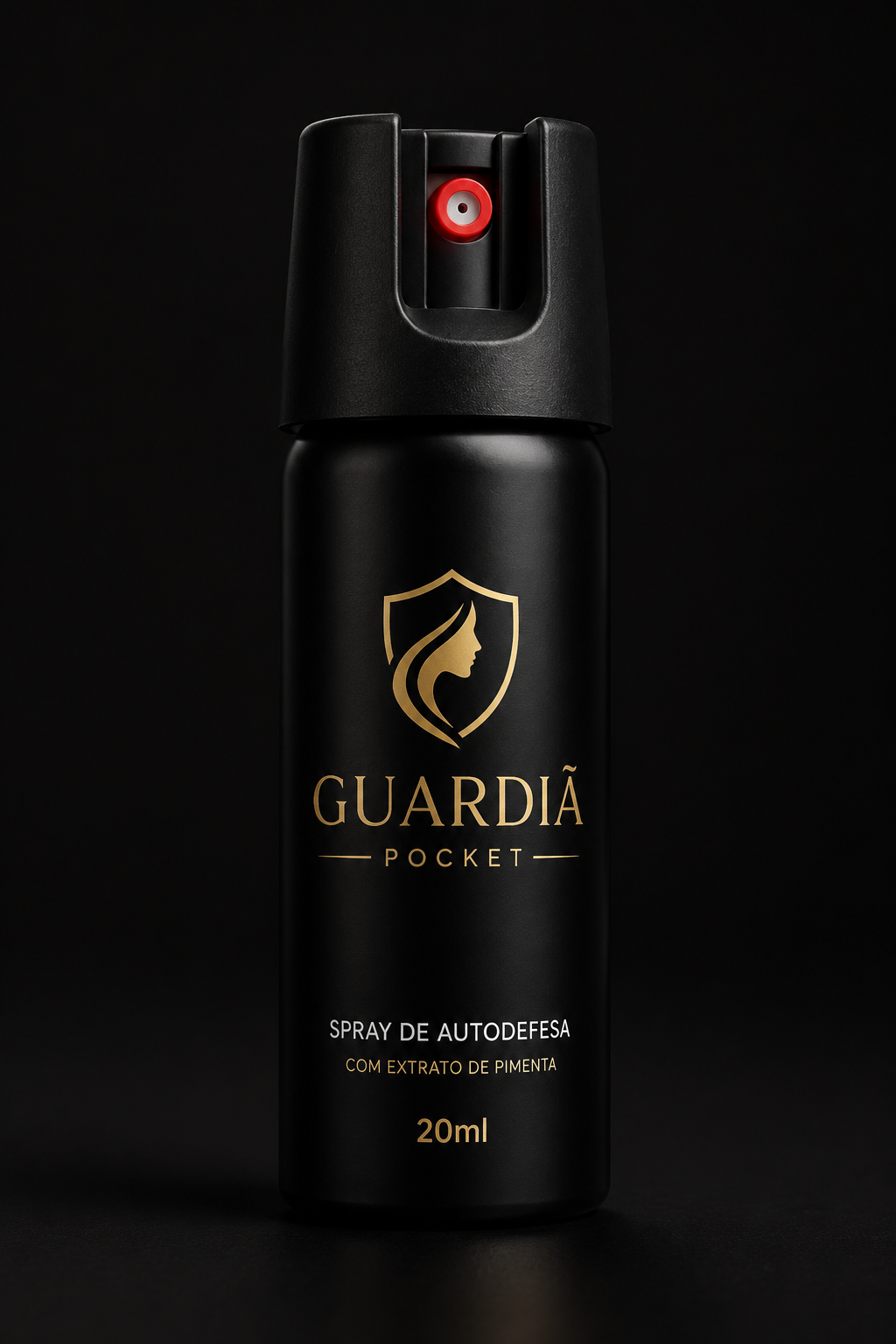 Spray de autodefesa Guardiã Pocket com acabamento preto fosco e detalhes dourados